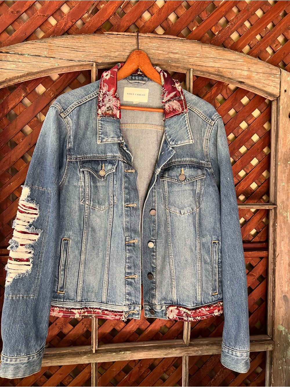 Vince Camuto Blue Denim Jacket with Red Floral Trim